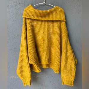 Anthropologie Mustard Yellow Off-the-Shoulder Chunky Knit Sweater